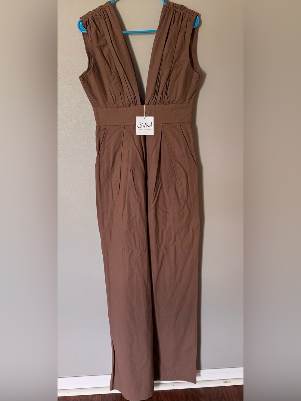VM Chestnut Brown Sleeveless V-Neck Wide-Leg Jumpsuit